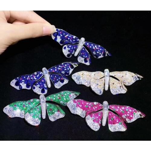 Large butterfly brooch 9.5*3CM 925 sterling silver with cubic zircon fancy fine women jewelry champagne blue green red color