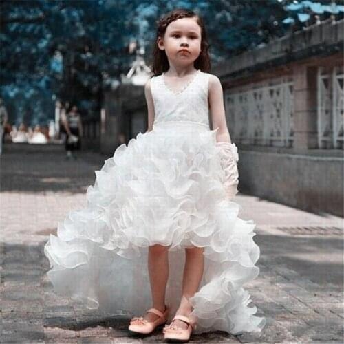Ivory Lace Flower Girl Dresses with Long Train Tulle First Communion Toddler Birthday Princess Special Occasion Gowns