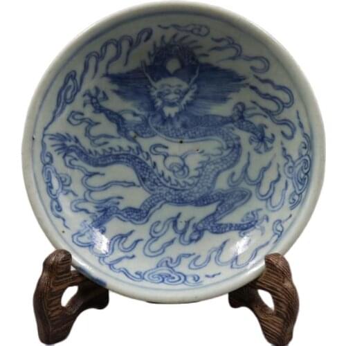 Jingdezhen antique Ming and Qing Dynasty blue and white hand painted dragon pattern disc