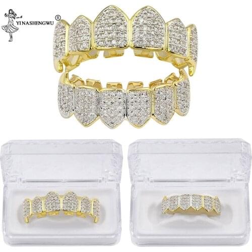 Hip Hop Teeth Grillz old Color & Silver-Plated Micro Pave CZ Gold Top & Bottom Teeth Grills Vampire Set Cubic Zirconia For Men