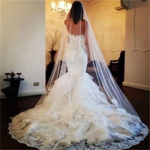 White Ivory Cathedral 1 Layer Lace Applique Edge Wedding Accessories Long Bridal Veil with Comb Veu De Noiva