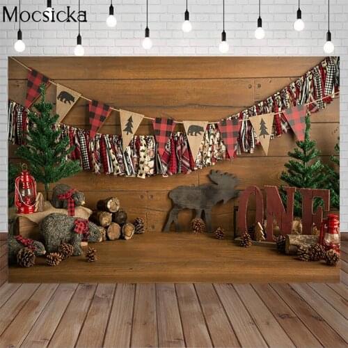 Mocsicka Logging Red Lattice Photography Background Wood Backdrop Children Portrait ONE Birthday Decoration Props Photo Studio