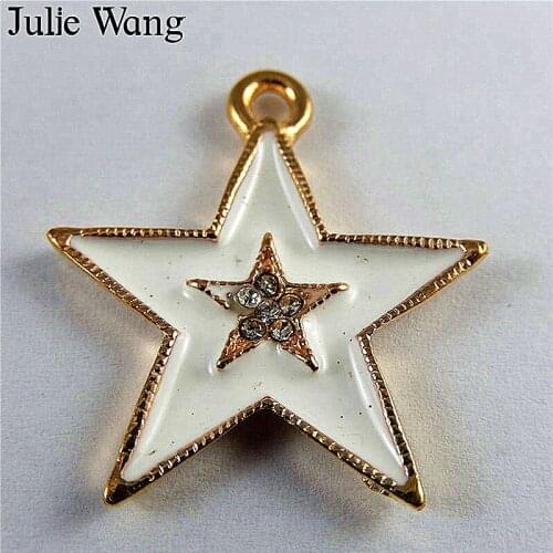 Julie Wang 5PCS Enamel White Blzck Stars Rhinestone Alloy Gold Tone Charms For Necklace Pendant DIY Jewelry Making Accessory