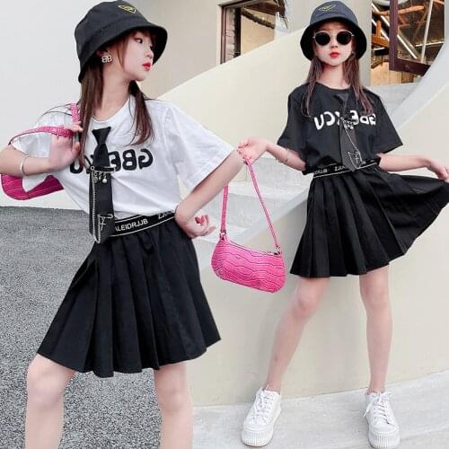 Girls Pleated Skirt 2PCS Suit Child Teen Girls Short sleeve Clothes Set For Girls Cotton T Shirt + Pleated skirt Student suit