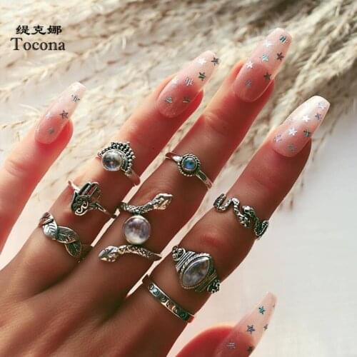 Tocona Vintage 8pcs/sets Snake Shiny Rhinestone Ring Sets for Women Leaf Hand Geometric Party Bohemian Jewelry anillo 15377