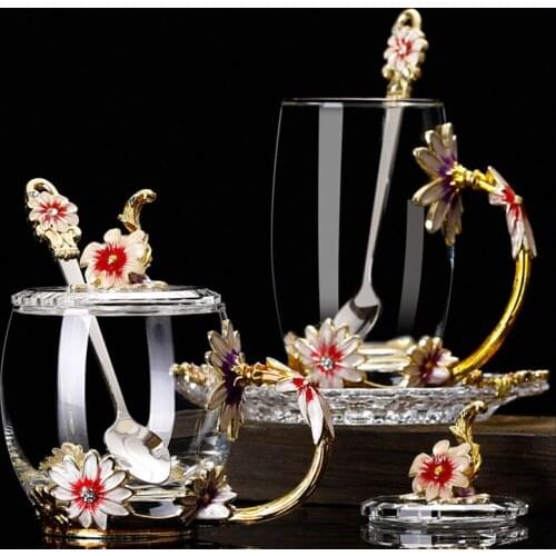 Creative Enamel Water Glass Coffee Mug 3D Rose Flower Crystal Heat-resistant Drink Tea Cup Home Drinkware Mom Lover Wedding Gift