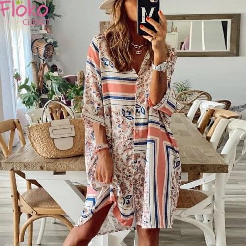 Flokocloset 2021 Summer Loose Geometry Polo Neck Midi Dress Casual Single Breasted Print Shirt Dresses for Women Party