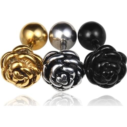 Small Gold Color Rose Flower Men Women Stud Earrings Punk Gothic Stainless Steel Jewelry Accessories Piercing Earrings Wholesale