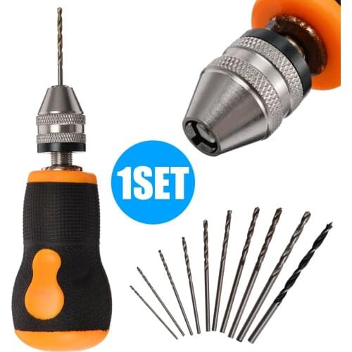 Micro Mini Hand Drill+10Pcs Twist Drill Bits Tool Kit 0.8-3.0mm High Precision Durable Carbon Steel With Rubber Anti-slip Handle