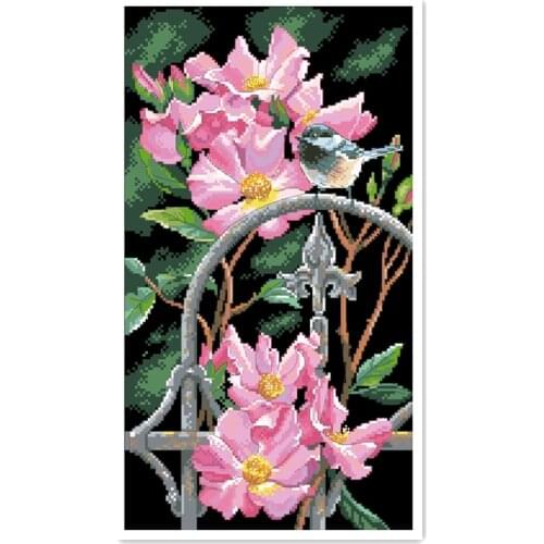 Rose and bird cross stitch kit flowers on fence18ct 14ct 11ct black fabric cotton thread embroidery DIY handmade needlework