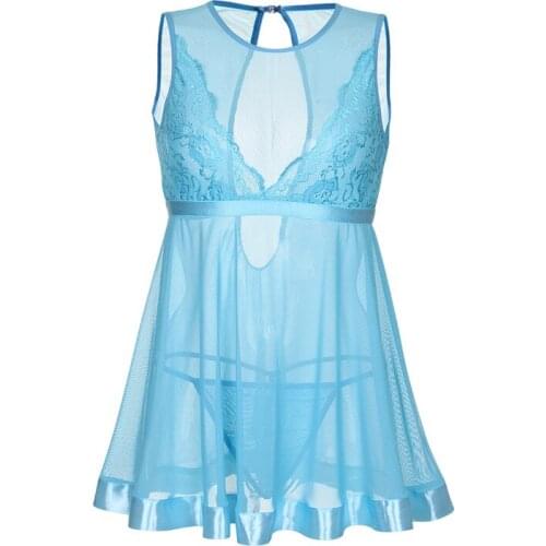 Blue/White 2018 New Style Fashion Women Sexy Lace Transparent Mesh Underwear Babydoll Sleepwear Intimate Full Slips S-XL