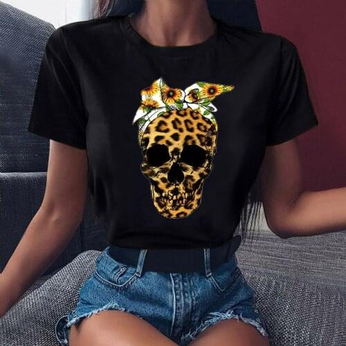 FIXSYS New Arrival Summer Women Leopard Skull T-shirt Black Tee Cool Women Tee Shirt Short Sleeve Tops Tee O-neck Tshirt