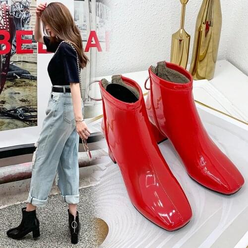 The New Patent Leather Ankle Boots Women winter Autumn Square High Heel Zipper Boots Round Toe Woman Shoes white Red Black Pink