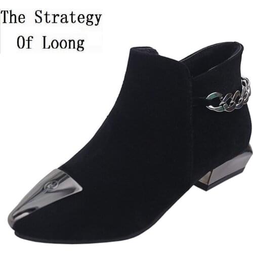 New Women Autumn Winter Ankle Zipper Pointed Toe Low Square Heel Short Plush Non-slip Rubber Riding Equestrian Boots 20181009