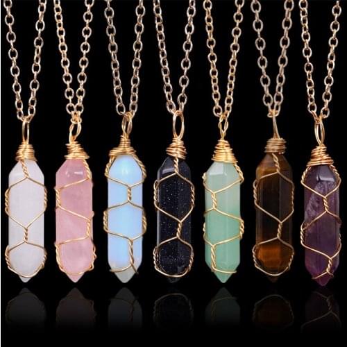 Natural Gem Stone Pendant Necklaces Tiger Eye Gem Crystal Necklace Hexagonal Bullet Reiki Chakra Natural Stone Necklace