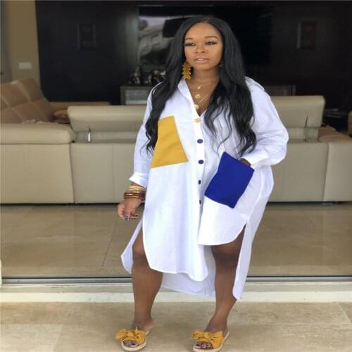 Long Sleeve Shirt Dress Women Casual Summer Dress Plus Size Patchwork Pocket Button Oversize High Low Asymmetrical T Shirt Dress