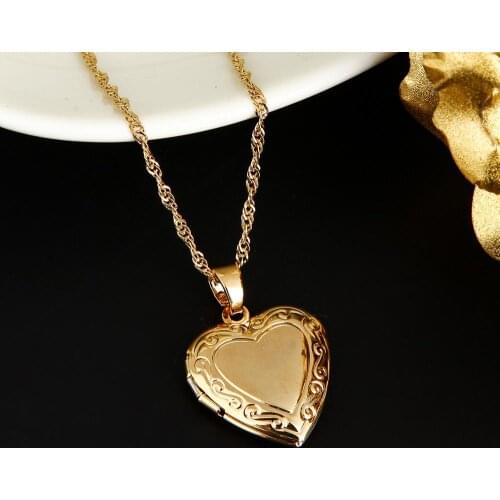 Valentines Gift Heart Locket Pendant Necklace 24K Gold Color Romantic Fancy Heart Jewelry For Women
