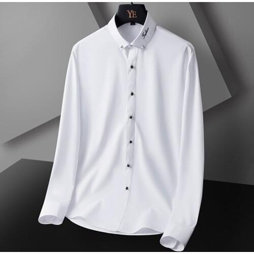 Plus Size 4XL-M Korean Long Sleeve Shirts Men Clothing 2021 Simple Slim Fit Solid Embroidery Collar Office Chemise Homme Sale