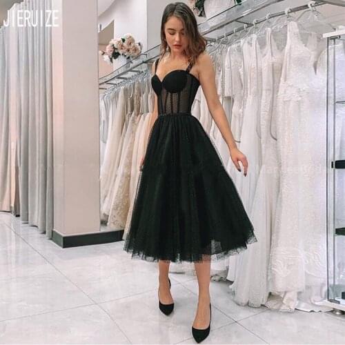 JIERUIZE Sexy Black Short Evening Dresses Spaghetti Strap Prom Gowns Backless Polka Dot Tulle Party Dresses Vestido De Festa