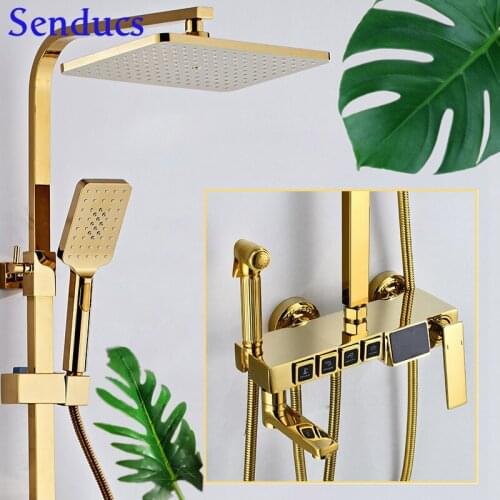 Black Thermostatic Digital Shower Faucet Senducs Gold Digital Bathroom Shower Set Rainfall Shower Head Square Button 4 Functions
