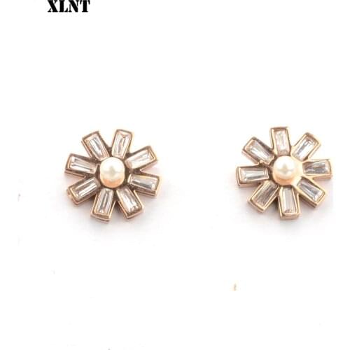 XLNT Womens Pearl Flower Crystal Studs Earrings Girls Elegant Rose Flower Stainless Steel Ear Jewelry Gift