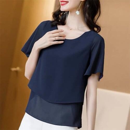 Large Size women Solid Chiffon Blouses Summer Short Sleeves Elegant Shirt Work Top Casual Loose All-Match shirts Plus Size M-8XL