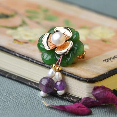 BOEYCJR Ethnic Green Stone Flower Brooch Vintage Jewelry High Quality Handmade Brooches for Women Dress Scarf Accessories
