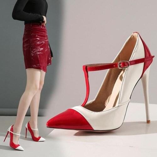 Womens Pointy Toe Match Colors Patent Leather T-strap Stilettos High Heel Pumps Sandals Shoes Plus Size New 2021