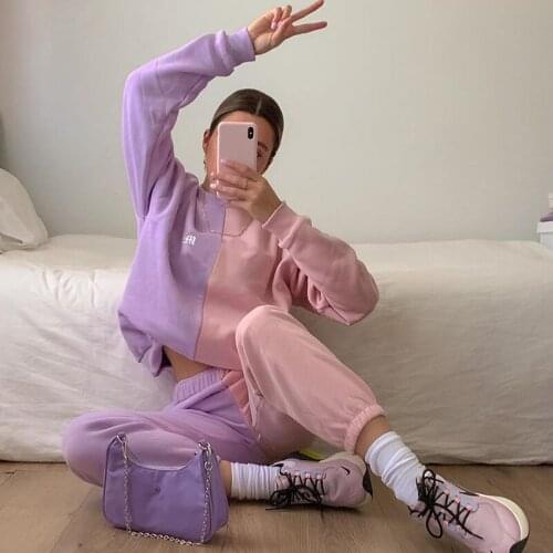 Women Pink Purple Patchwork Two Piece Set Tracksuit Long Sleeve Sweatshirts and Baggy Sweatpants Autumn Winter Streetwear