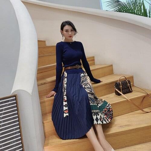 2019 Autumn High Quality New Pattern Women Fashion Retro Medium length Paragraph Belt Knitting Splicing Pleated Fold Dress