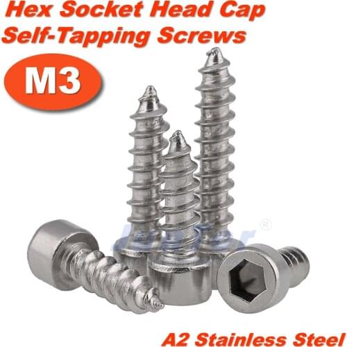 100pcs/lot M3(3mm) A2 Stainless Steel Hex Socket Head Cap Self-Tapping Screws