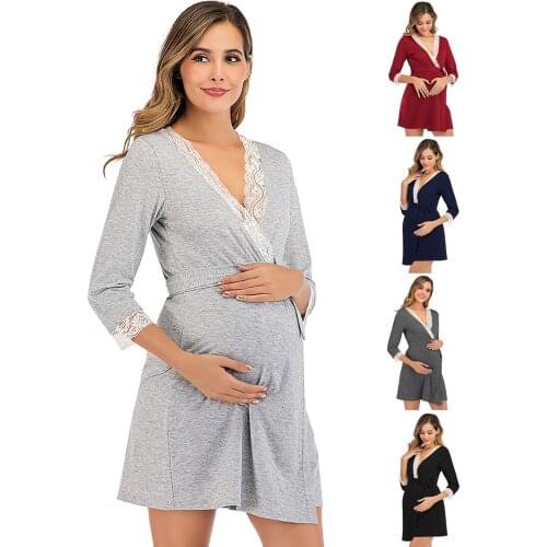 2021 Women Pregnancy Clothes V Neck Overlapping Dress Maternity Lace Solid Color Splicing Fashion Maternity Dresses Платье