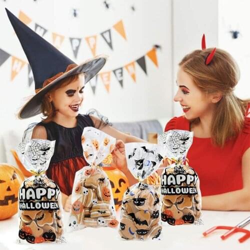 50pcs set Skull Cat Pumpkin Halloween Candy Bag Transparent Cellophane Food Plastic Packaging Bag Wan Party Decoration Gift Bag