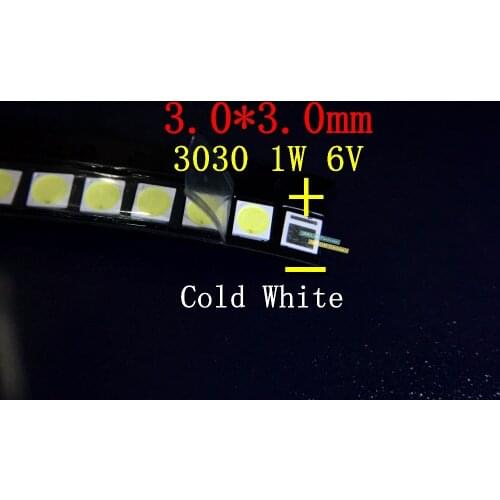 500PCS/Lot 3030 SMD LED Beads 1W 6V Cold White 70LM 140mA For TV Backlight 3.0*3.0mm
