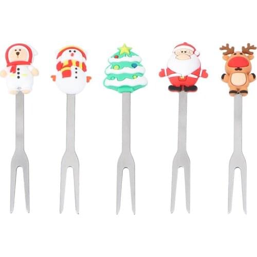 6pcs Stainless Steel Fruit Fork Christmas Snack Dessert Forks Food Pick Tableware Party Decoration Kitchen Utensils