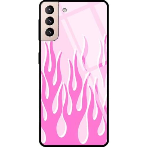 PINK FLAMES Fire Print Tempered Glass Case For Samsung Galaxy S21 Ultra Note 20 S8 S9 S10 Note 10 Plus S20 FE