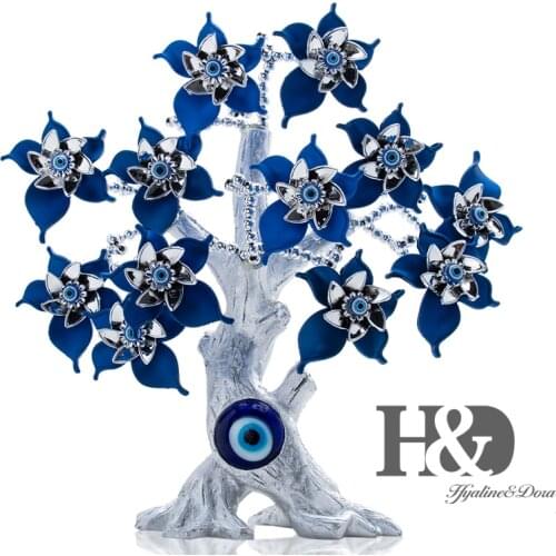 H&D Fengshui Blue Evil Eye Flower Tree Figurine Money Fortune Tree For Protection Wealth Good Luck Xmas Gift Home Decor Resin