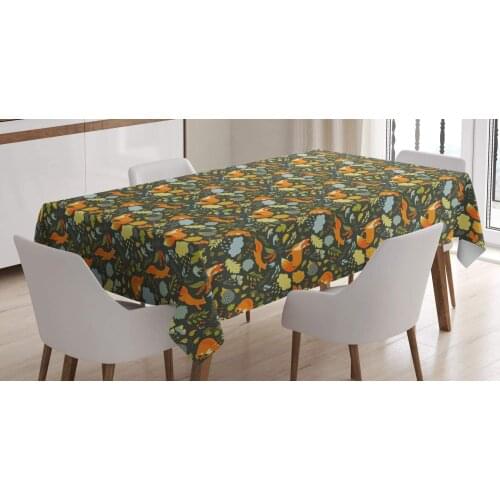 Woodland Forest Fauna Design Fox Squirrel and Birds on Dark Toned Backdrop Nature Table Cover for Dining Room Kitchen Decor