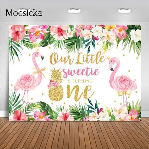 Our Little Sweetie is turning One Backdrop Girl Birthday Photo Background Studio Gold Dots Pineapple Floral Pink Flamingo Props