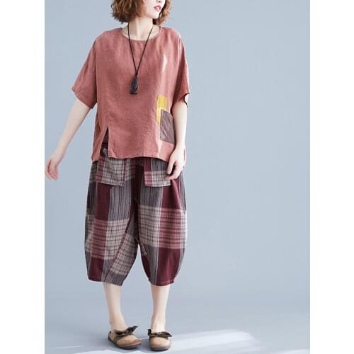 India Folk Women Sets 2021 Summer Vintage Cotton Pocket Patchwork T-shirts and Harem Ankle Striped Pants Female Pant Suits