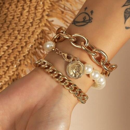KMVEXO 3PCS/Set Baroque Pearl Coin Bracelets Set for Women 2020 Gothic Curb Cuban Chain Bracelet Bangles Men Hiphop Punk Jewelry