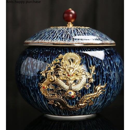 Creative Ice Cracked Blue Ceramic Creative Pot Embossed Dragon Household Sealed Moisture-proof Storage Tea Caddy Home Decoration