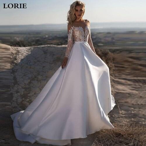 LORIE A Line Princess wedding dresses Long Sleeve Boho Lace Bride Gows Appliqued Satin Vestido de Voiva With Romantic Buttons