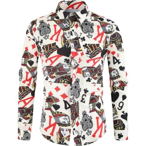 Mens New Arrival Casual Shirts Poker Card Print Slim Fit Long Sleeve Floral Shirts Men Dress Business Camisa Social Tops
