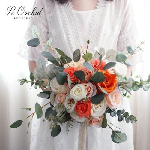 PEORCHID Champagne Orange Bridal Bouquet aArtificial flower Eucalyptus Rose Peony Wedding Bouquet Da Sposa Trouw Boeket