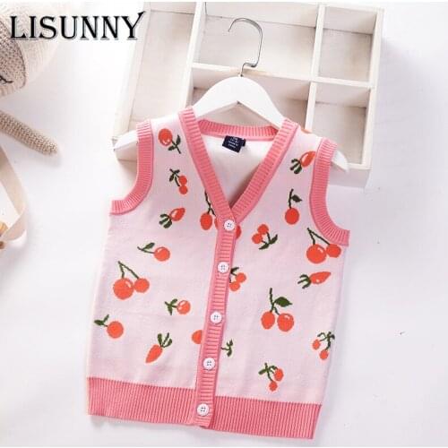 Girls Sweater Vest Autumn 2021 Princess Baby V-neck Cartoon Cherry Kids Vest Knit Toddler Cardigan Children Knitted Coat 2-7y