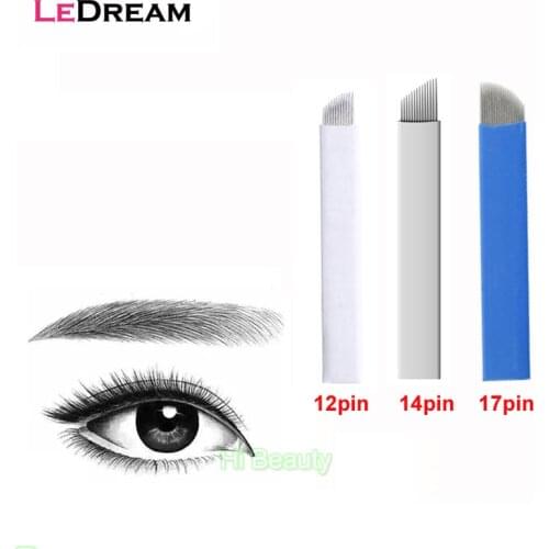 High Quality 50pcs/lot Sterilized White Blue 12/14/17 Pin Permanent Makeup Blade Manual Embroidery Eyebrow 3D Tattoo Needle