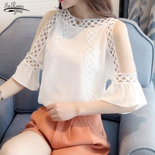 2021 Summer Fashion New Sexy Shoulder Chiffon Lady Shirt Women Blouses and Tops Trumpet Flower Openwork Lace Top Woman 3470 50