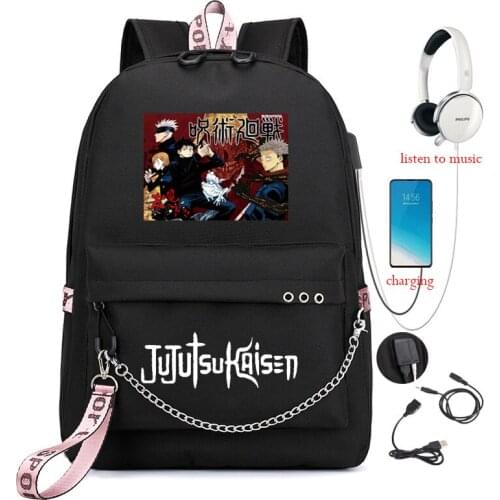 Jujutsu Kaisen Backpack Women Mens Backpack Unisex Yuji Itadori Black Canvas School Bags Soft Mochilas With Chain