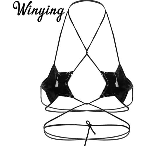 Womens Black Patent Leather Sexy Lingerie Crop Top Halter Strappy Wrap Around Star Shape Erotic Bra Tops Festival Rave Bralette
